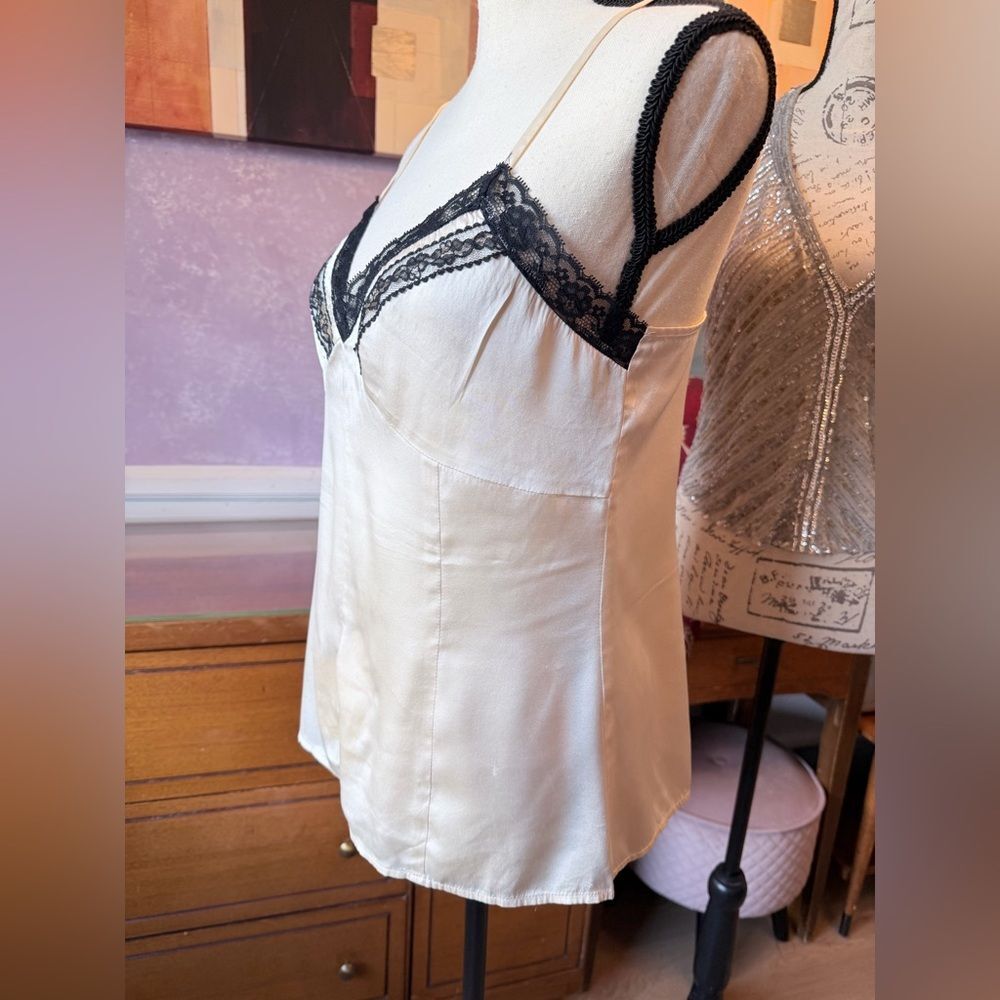 SILK SZ S Vintage Moda Cream and Black Lace Chemise